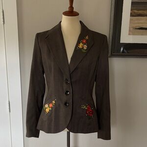 Brown Women's Blazer with Floral Appliqués